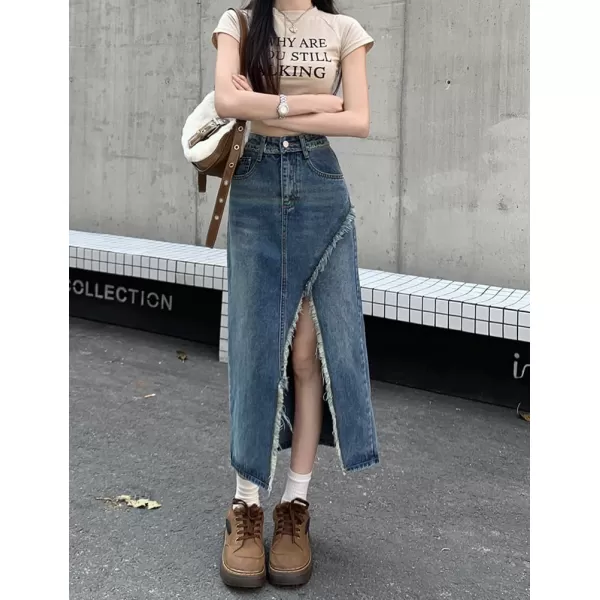 IDEALSANXUN Long Denim Skirt for Women High Waisted Frayed Hem Fall Winter 2023 Mermaid Jean Midi SkirtSlit Blue