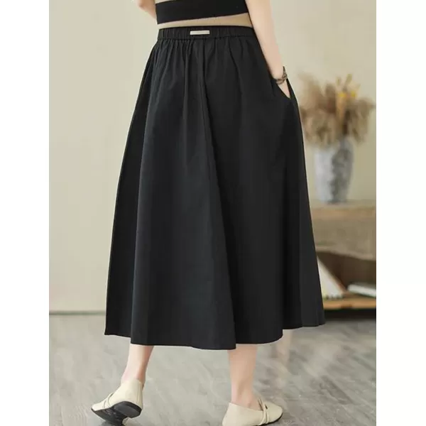 IDEALSANXUN Long Midi Skirt for Women Elastic Waist Drawstring Flowy A Line Casual Cotton Linen Skirt with PocketBlack