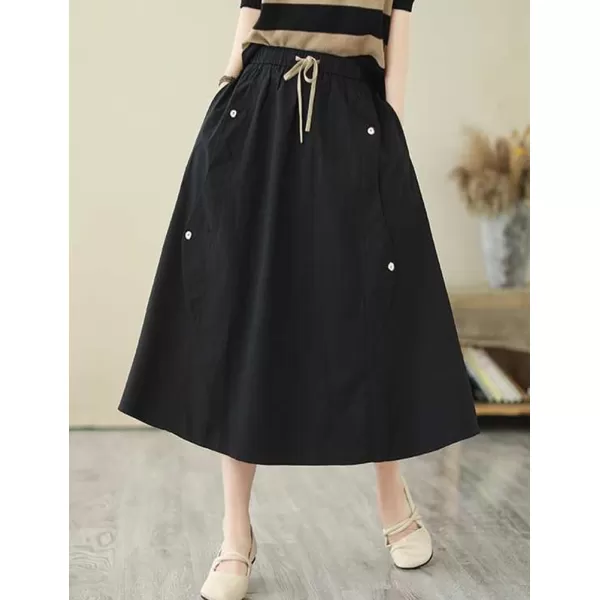 IDEALSANXUN Long Midi Skirt for Women Elastic Waist Drawstring Flowy A Line Casual Cotton Linen Skirt with PocketBlack