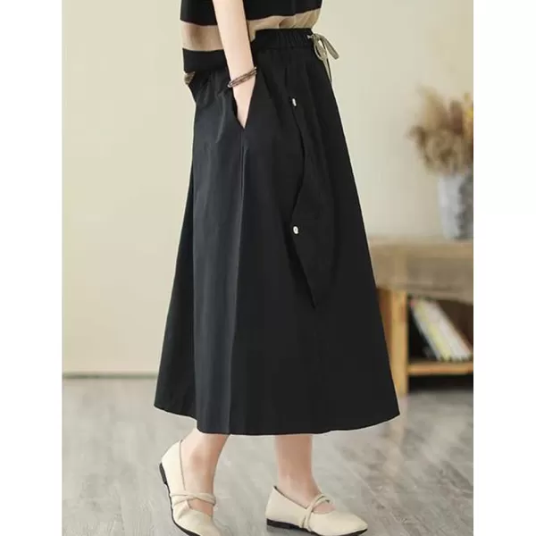 IDEALSANXUN Long Midi Skirt for Women Elastic Waist Drawstring Flowy A Line Casual Cotton Linen Skirt with PocketBlack