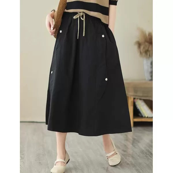 IDEALSANXUN Long Midi Skirt for Women Elastic Waist Drawstring Flowy A Line Casual Cotton Linen Skirt with PocketBlack