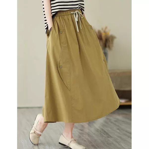 IDEALSANXUN Long Midi Skirt for Women Elastic Waist Drawstring Flowy A Line Casual Cotton Linen Skirt with PocketKhaki