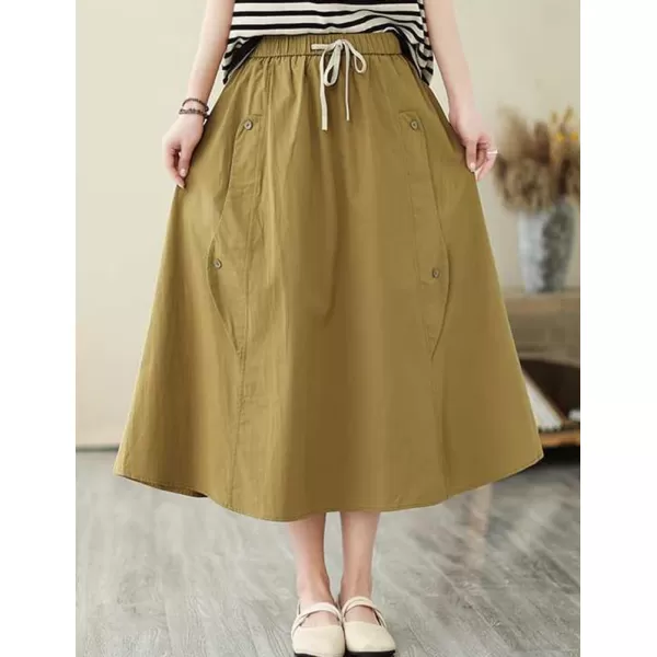 IDEALSANXUN Long Midi Skirt for Women Elastic Waist Drawstring Flowy A Line Casual Cotton Linen Skirt with PocketKhaki