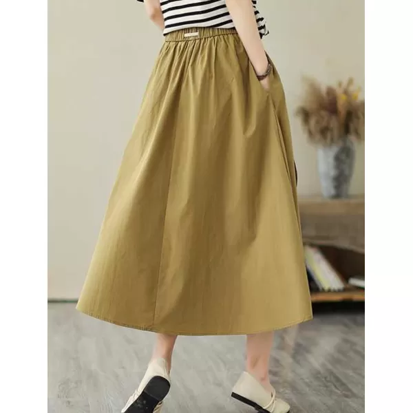 IDEALSANXUN Long Midi Skirt for Women Elastic Waist Drawstring Flowy A Line Casual Cotton Linen Skirt with PocketKhaki