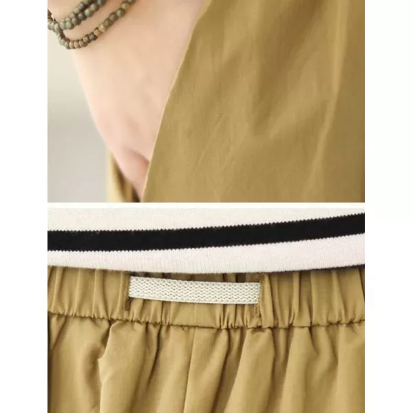 IDEALSANXUN Long Midi Skirt for Women Elastic Waist Drawstring Flowy A Line Casual Cotton Linen Skirt with PocketKhaki