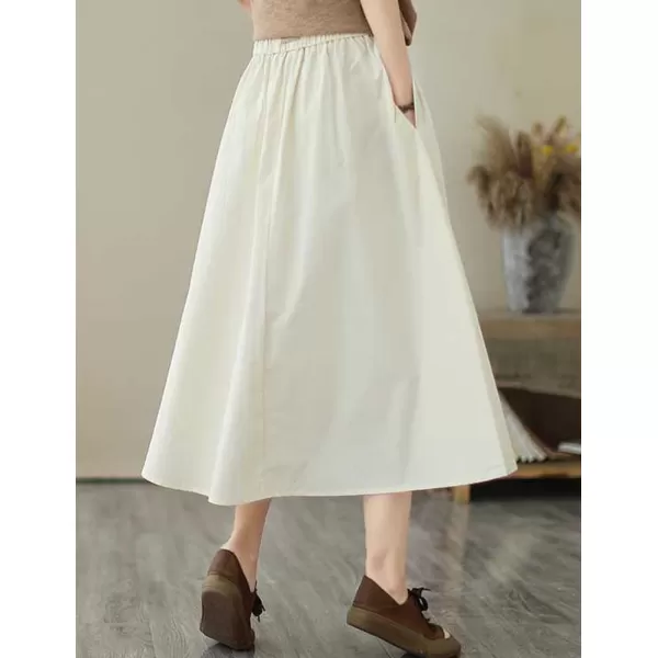 IDEALSANXUN Long Midi Skirt for Women Elastic Waist Drawstring Flowy A Line Casual Cotton Linen Skirt with PocketWhite