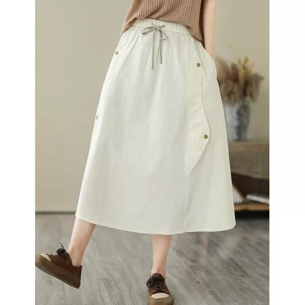 IDEALSANXUN Long Midi Skirt for Women Elastic Waist Drawstring Flowy A Line Casual Cotton Linen Skirt with PocketWhite