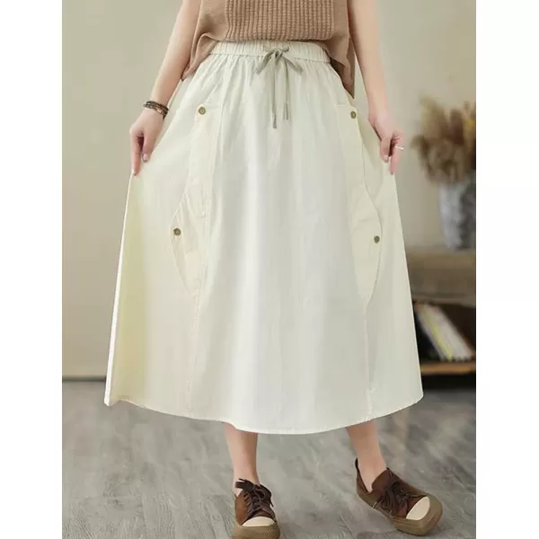 IDEALSANXUN Long Midi Skirt for Women Elastic Waist Drawstring Flowy A Line Casual Cotton Linen Skirt with PocketWhite