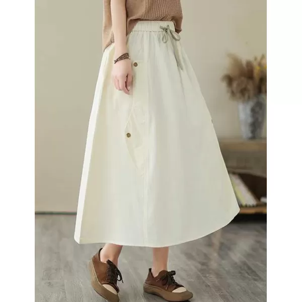 IDEALSANXUN Long Midi Skirt for Women Elastic Waist Drawstring Flowy A Line Casual Cotton Linen Skirt with PocketWhite