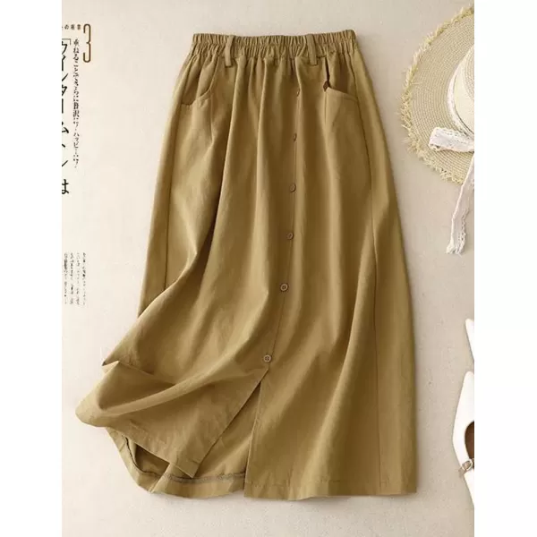 IDEALSANXUN Long Midi Skirt for Women Spring Summer 2024 High Waisted A Line Flowy Casual Slit Skirt with PocketsKhaki