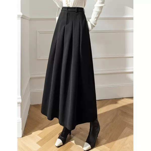 IDEALSANXUN Long Wool Skirt for Women High Waisted Pleated A Line Fall Winter 2023 Trendy Maxi SkirtBlack