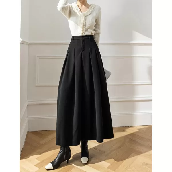 IDEALSANXUN Long Wool Skirt for Women High Waisted Pleated A Line Fall Winter 2023 Trendy Maxi SkirtBlack