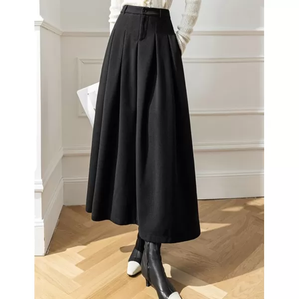 IDEALSANXUN Long Wool Skirt for Women High Waisted Pleated A Line Fall Winter 2023 Trendy Maxi SkirtBlack