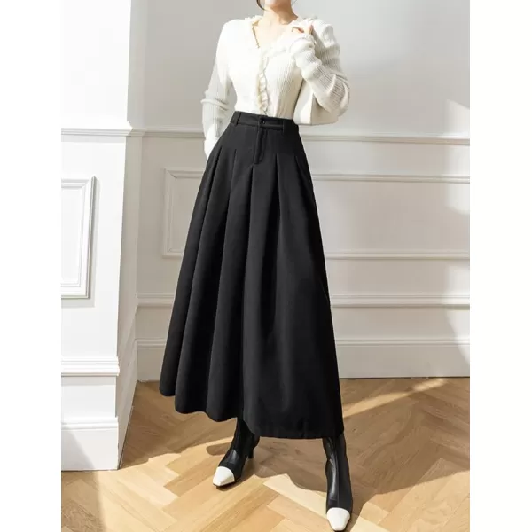 IDEALSANXUN Long Wool Skirt for Women High Waisted Pleated A Line Fall Winter 2023 Trendy Maxi SkirtBlack