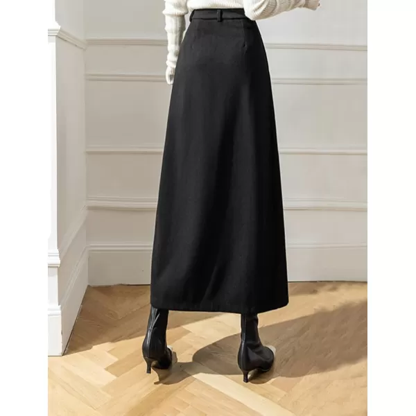 IDEALSANXUN Long Wool Skirt for Women High Waisted Pleated A Line Fall Winter 2023 Trendy Maxi SkirtBlack