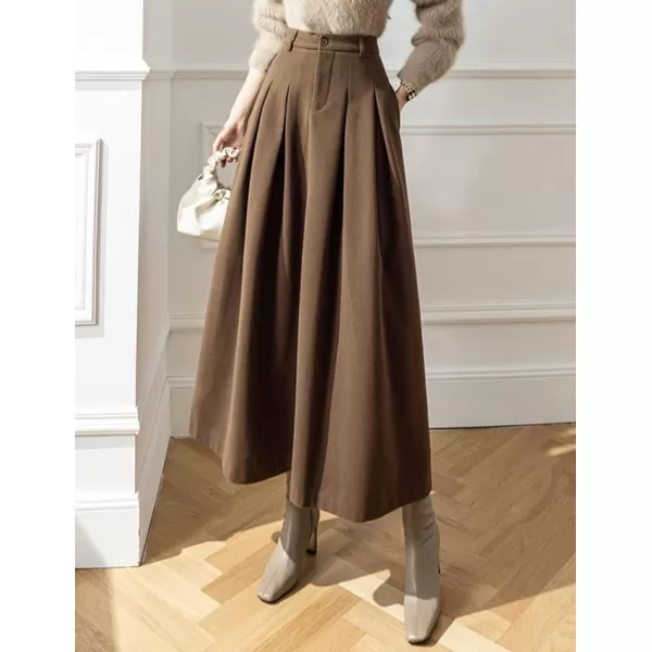 IDEALSANXUN Long Wool Skirt for Women High Waisted Pleated A Line Fall Winter 2023 Trendy Maxi SkirtCoffee