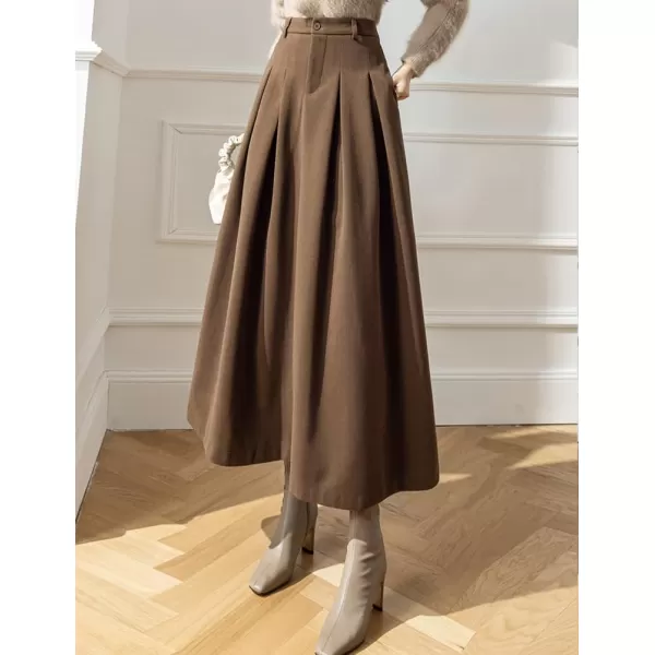 IDEALSANXUN Long Wool Skirt for Women High Waisted Pleated A Line Fall Winter 2023 Trendy Maxi SkirtCoffee