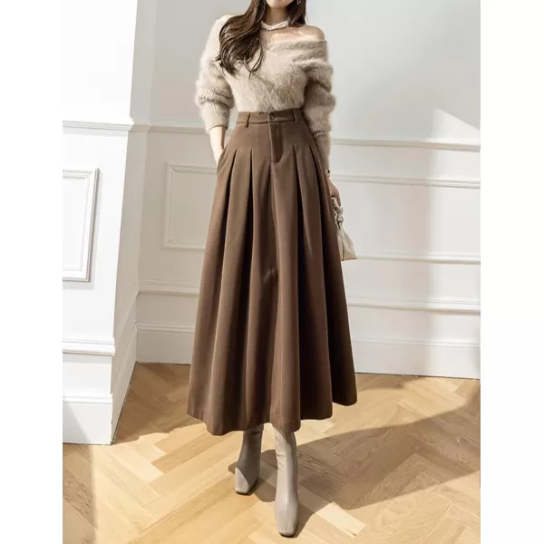 IDEALSANXUN Long Wool Skirt for Women High Waisted Pleated A Line Fall Winter 2023 Trendy Maxi SkirtCoffee