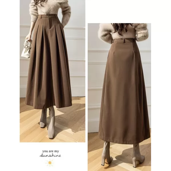 IDEALSANXUN Long Wool Skirt for Women High Waisted Pleated A Line Fall Winter 2023 Trendy Maxi SkirtCoffee