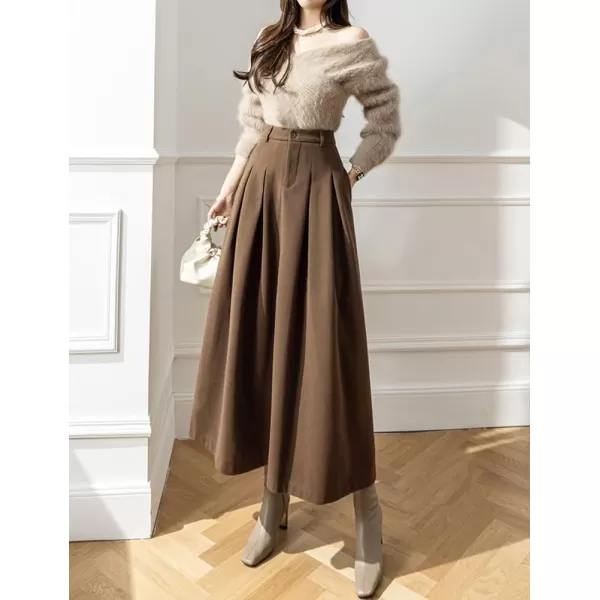 IDEALSANXUN Long Wool Skirt for Women High Waisted Pleated A Line Fall Winter 2023 Trendy Maxi SkirtCoffee