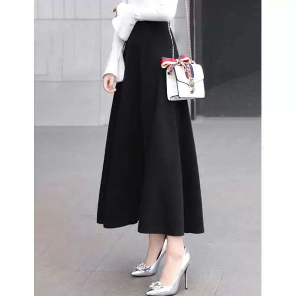 IDEALSANXUN Long Wool Skirts for Women 2023 Fall Winter Warm Elastic High Waisted Flared Pleated Maxi SkirtBlack