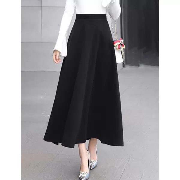 IDEALSANXUN Long Wool Skirts for Women 2023 Fall Winter Warm Elastic High Waisted Flared Pleated Maxi SkirtBlack