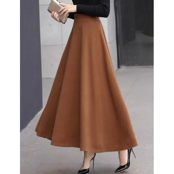 IDEALSANXUN Long Wool Skirts for Women 2023 Fall Winter Warm Elastic High Waisted Flared Pleated Maxi SkirtCamel