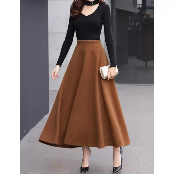 IDEALSANXUN Long Wool Skirts for Women 2023 Fall Winter Warm Elastic High Waisted Flared Pleated Maxi SkirtCamel