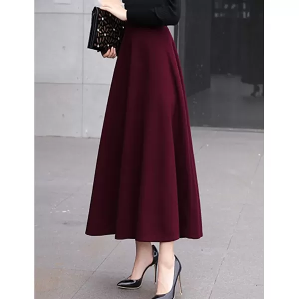 IDEALSANXUN Long Wool Skirts for Women 2023 Fall Winter Warm Elastic High Waisted Flared Pleated Maxi SkirtWine