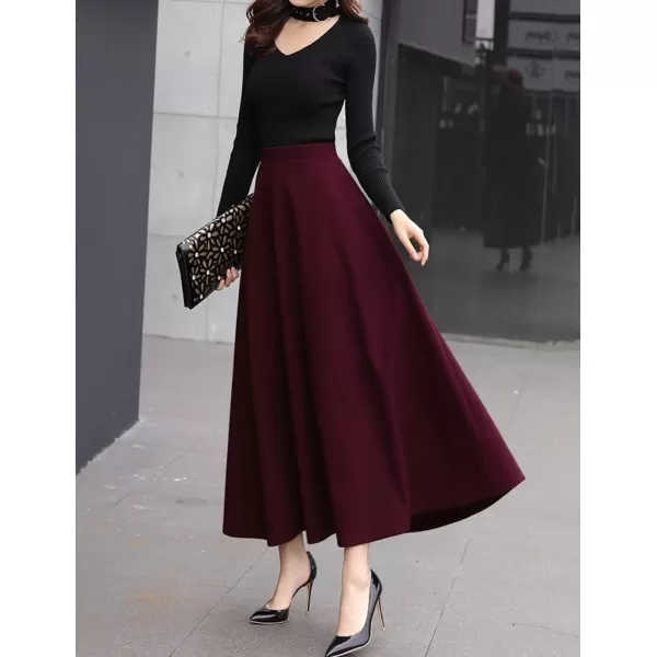 IDEALSANXUN Long Wool Skirts for Women 2023 Fall Winter Warm Elastic High Waisted Flared Pleated Maxi SkirtWine