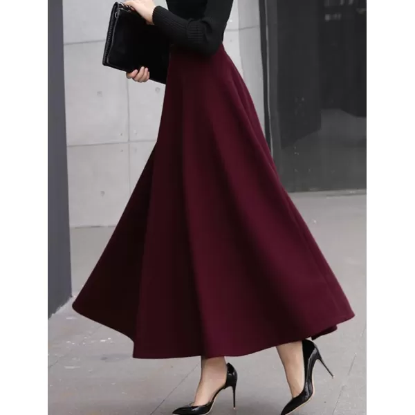 IDEALSANXUN Long Wool Skirts for Women 2023 Fall Winter Warm Elastic High Waisted Flared Pleated Maxi SkirtWine