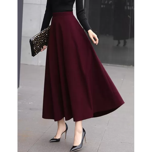 IDEALSANXUN Long Wool Skirts for Women 2023 Fall Winter Warm Elastic High Waisted Flared Pleated Maxi SkirtWine