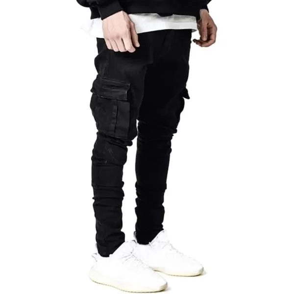 IDEALSANXUN Mens Cargo Jeans Slim Fit Skinny Ripped Jeans Denim PantsBlack