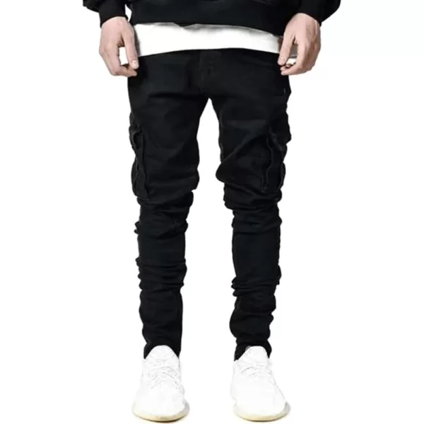 IDEALSANXUN Mens Cargo Jeans Slim Fit Skinny Ripped Jeans Denim PantsBlack