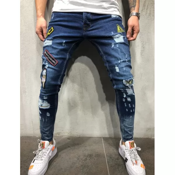 IDEALSANXUN Mens Ripped Slim Fit Stretch Pattern Tapered Leg JeansDark Blue
