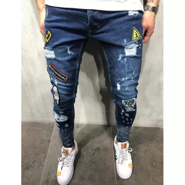 IDEALSANXUN Mens Ripped Slim Fit Stretch Pattern Tapered Leg JeansDark Blue