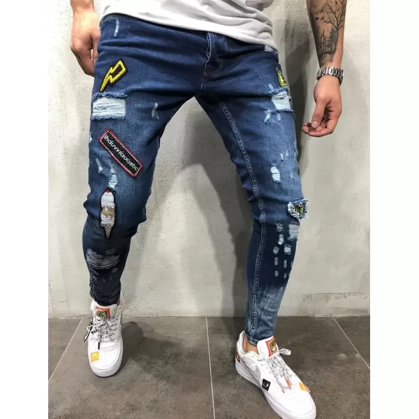IDEALSANXUN Mens Ripped Slim Fit Stretch Pattern Tapered Leg JeansDark Blue