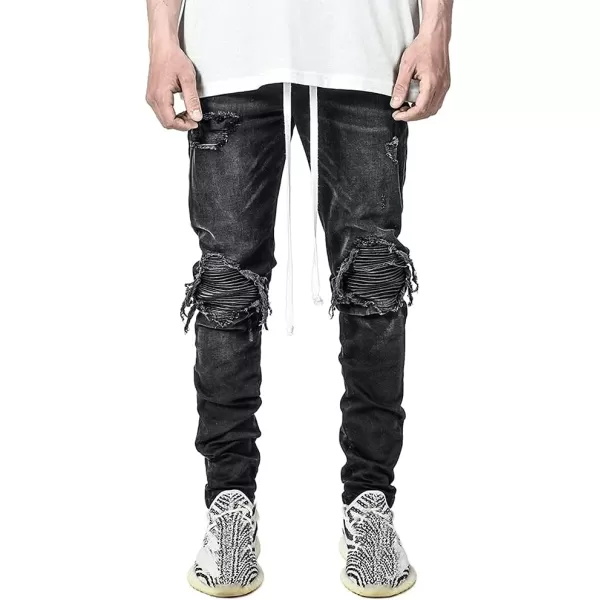 IDEALSANXUN Mens Ripped Stretch Jeans Casual Slim Fit Distressed Plaid Pattern Skinny Biker JeansBlack 2013