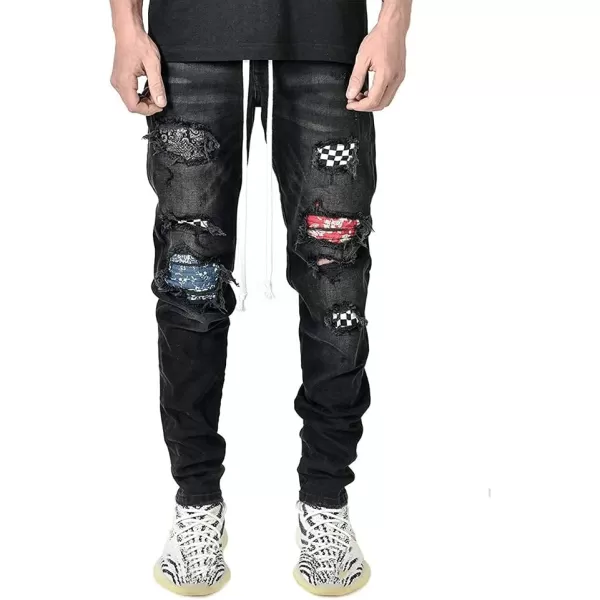 IDEALSANXUN Mens Ripped Stretch Jeans Casual Slim Fit Distressed Plaid Pattern Skinny Biker JeansBlack