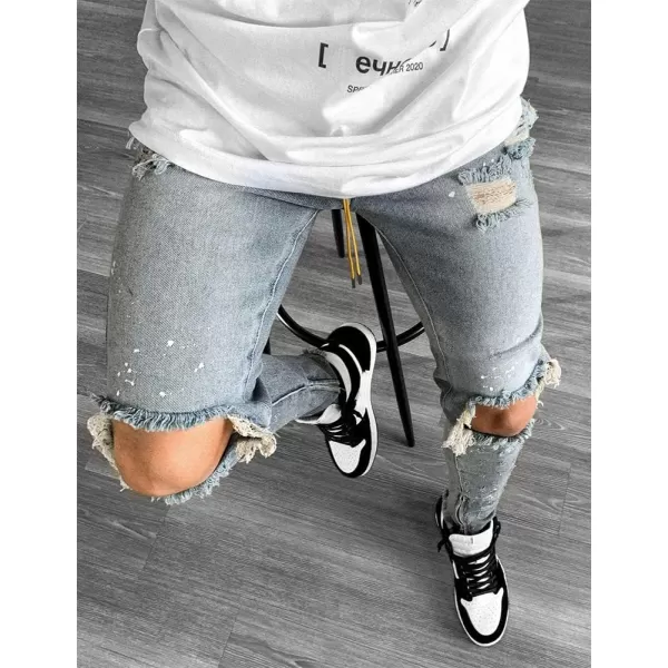 IDEALSANXUN Mens Ripped Stretch Jeans Casual Slim Fit Distressed Plaid Pattern Skinny Biker JeansBlue 1973