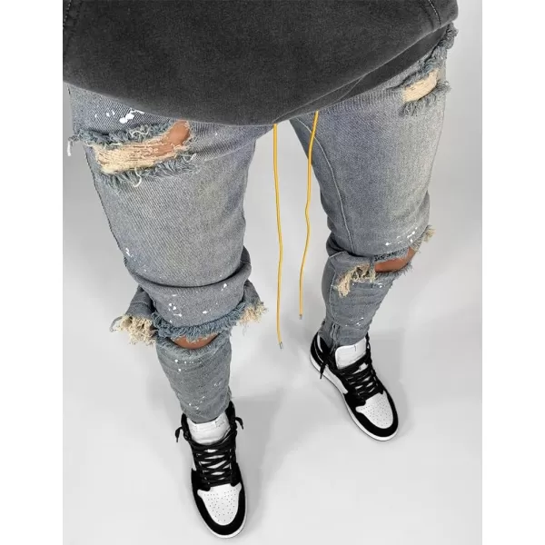 IDEALSANXUN Mens Ripped Stretch Jeans Casual Slim Fit Distressed Plaid Pattern Skinny Biker JeansBlue 1973