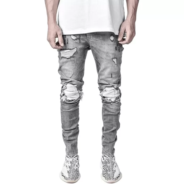 IDEALSANXUN Mens Ripped Stretch Jeans Casual Slim Fit Distressed Plaid Pattern Skinny Biker JeansGrey 13