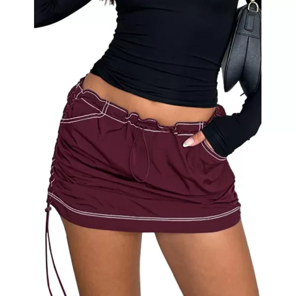 IDEALSANXUN Mini Cargo Skirts for Women Trendy Summer Casual Drawstring Bodycon Y2K Short SkirtWine
