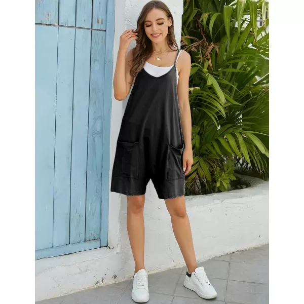 IDEALSANXUN Short Jumpsuits for Women Casual Spaghetti Strap Sleeveless Loose Fit Wide Leg Summer Shorts RomperBlack