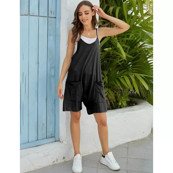 IDEALSANXUN Short Jumpsuits for Women Casual Spaghetti Strap Sleeveless Loose Fit Wide Leg Summer Shorts RomperBlack