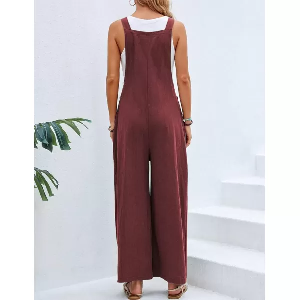 IDEALSANXUN Wide Leg Overalls for Womens Casual Cotton Linen Baggy Loose Maternity Summer Beach Jumpsuits RomperWine