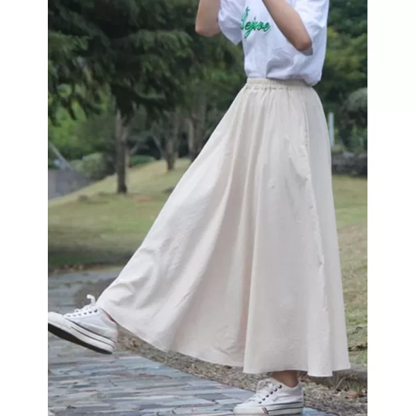 IDEALSANXUN Womens Cotton Linen Skirt High Waisted A Line Long Skirt with PocketsBeige