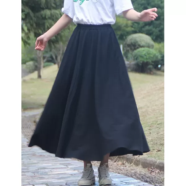 IDEALSANXUN Womens Cotton Linen Skirt High Waisted A Line Long Skirt with PocketsBlack