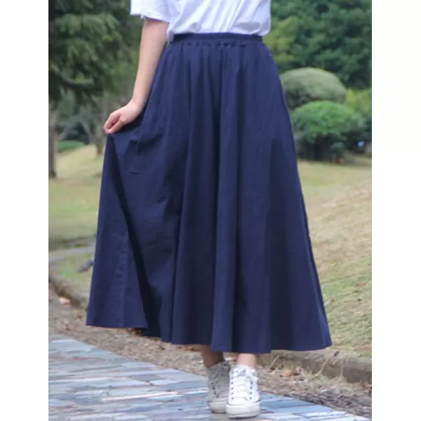 IDEALSANXUN Womens Cotton Linen Skirt High Waisted A Line Long Skirt with PocketsNavy