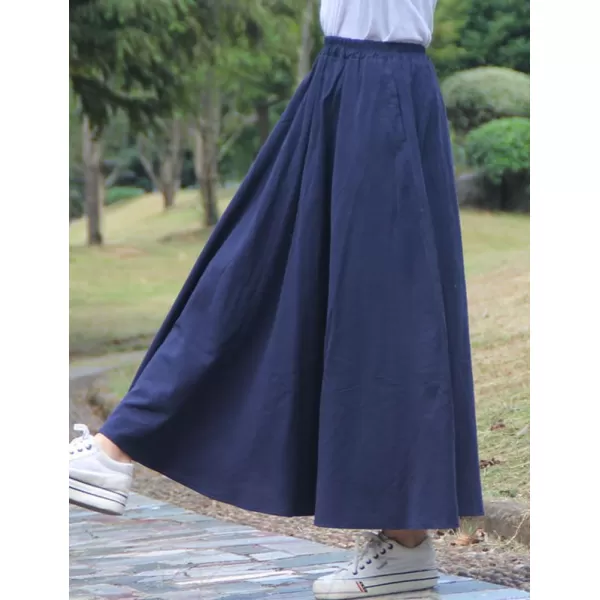 IDEALSANXUN Womens Cotton Linen Skirt High Waisted A Line Long Skirt with PocketsNavy
